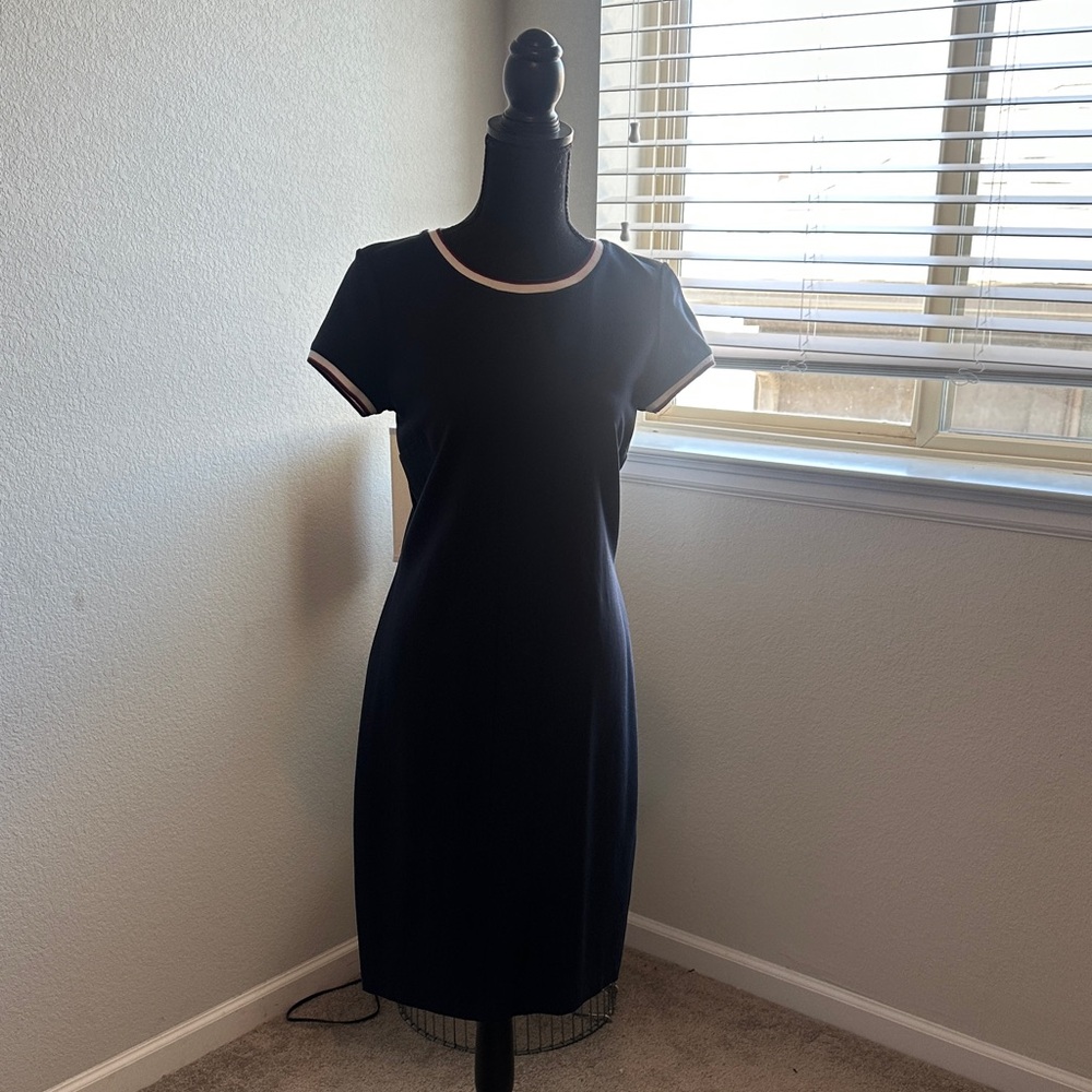 Brooks Brothers Navy Knit Midi Dress with White & Red Trim